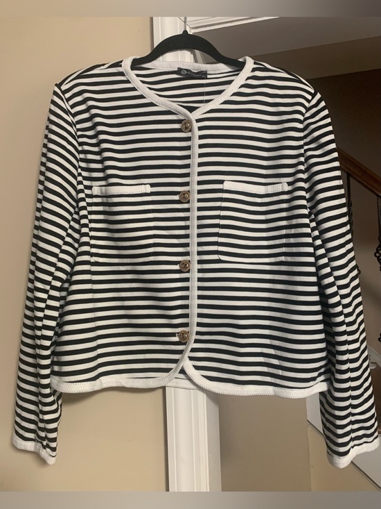 PrettyGarden Jackets & Blazers - PrettyGarden Womens White Black Striped Button Knit Cardigan Jacket NEW Size XL